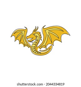 One continuous line drawing of mythological creature dragon for company logo identity. Fantasy flying dinosaurs animal mascot concept for decorative tribal. Single line draw design vector illustration