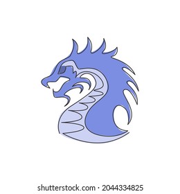 One continuous line drawing of mythological creature dragon for company logo identity. Fantasy flying dinosaurs animal mascot concept for decorative tribal. Single line draw design vector illustration