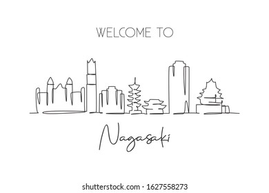 One continuous line drawing of Nagasaki city skyline, Japan. Beautiful landmark. World landscape tourism travel home decor wall art poster print. Stylish single line draw design vector illustration