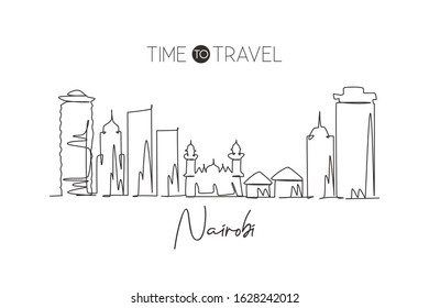 One continuous line drawing Nairobi city skyline, Kenya. Beautiful landmark postcard. World landscape tourism and travel vacation. Editable stylish stroke single line draw design vector illustration