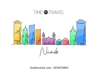 Una línea continua que dibuja el perfil urbano de Nairobi, Kenia. Hermosa postal histórica. Turismo paisajístico mundial y vacaciones de viaje. Dibujo de línea simple de trazo elegante editable ilustración vectorial