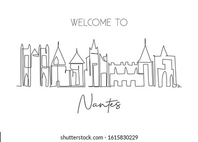 One continuous line drawing of Nantes city skyline, France. Beautiful city skyscraper. World landscape tourism travel wall decor poster art concept. Stylish single line draw design vector illustration