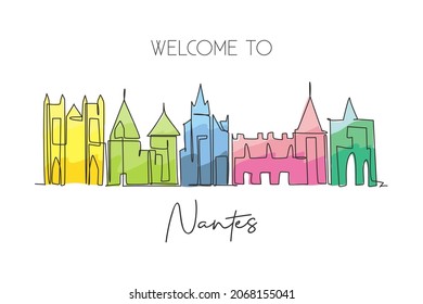 One continuous line drawing of Nantes city skyline, France. Beautiful city skyscraper. World landscape tourism travel wall decor poster art concept. Stylish single line draw design vector illustration