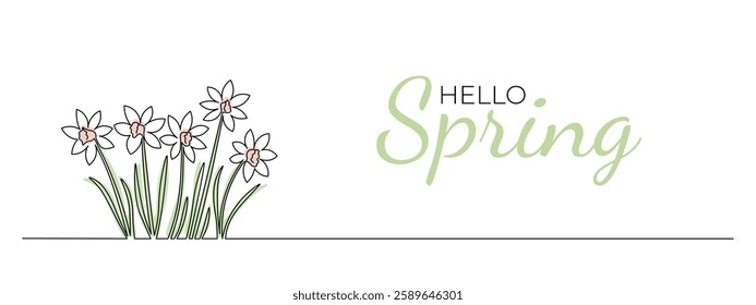 One continuous line drawing of narcissus. Hello Spring, spring flowers. Editable stroke, vector illustration