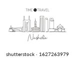 One continuous line drawing Nashville city skyline, Tennessee. Beautiful landmark. World landscape tourism travel vacation poster. Editable stylish stroke single line draw design vector illustration