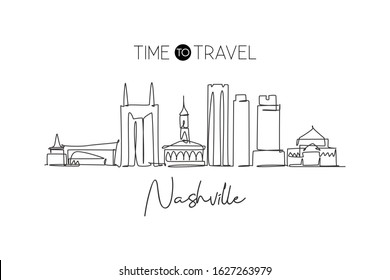 One Continuous Line Drawing Nashville City Skyline, Tennessee. Beautiful Landmark. World Landscape Tourism Travel Vacation Poster. Editable Stylish Stroke Single Line Draw Design Vector Illustration