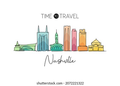 One Continuous Line Drawing Nashville City Skyline, Tennessee. Beautiful Landmark. World Landscape Tourism Travel Vacation Poster. Editable Stylish Stroke Single Line Draw Design Vector Illustration