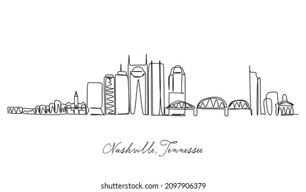 One Continuous Line Drawing Nashville City Skyline, Tennessee. Beautiful Landmark. World Landscape Tourism Travel Vacation Poster. Editable Stylish Stroke Single Line Draw Design Vector Illustration