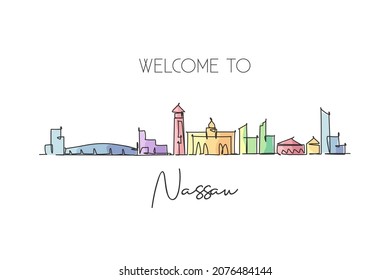 One continuous line drawing Nassau city skyline Bahamas. Beautiful landmark postcard print. World landscape tourism travel vacation. Editable stylish stroke single line draw design vector illustration