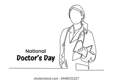 One continuous line drawing of national doctor's day concept. Doodle vector illustration in simple linear style.	