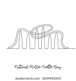 One continuous line drawing of National Roller Coaster Day vector illustration. National Roller Coaster hemes design concept in simple linear continuous line. Games for your adrenalin and fun also. 