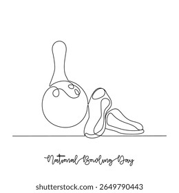 Um desenho de linha contínua da ilustração vetorial do Dia Nacional do Boliche. Os temas do Dia Nacional do Boliche projetam o conceito em linha contínua linear simples. Design adequado para sua campanha e seu patrimônio de design