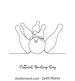 Um desenho de linha contínua da ilustração vetorial do Dia Nacional do Boliche. Os temas do Dia Nacional do Boliche projetam o conceito em linha contínua linear simples. Design adequado para sua campanha e seu patrimônio de design