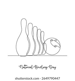 Um desenho de linha contínua da ilustração vetorial do Dia Nacional do Boliche. Os temas do Dia Nacional do Boliche projetam o conceito em linha contínua linear simples. Design adequado para sua campanha e seu patrimônio de design