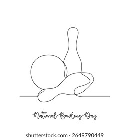 Um desenho de linha contínua da ilustração vetorial do Dia Nacional do Boliche. Os temas do Dia Nacional do Boliche projetam o conceito em linha contínua linear simples. Design adequado para sua campanha e seu patrimônio de design