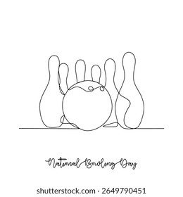 Um desenho de linha contínua da ilustração vetorial do Dia Nacional do Boliche. Os temas do Dia Nacional do Boliche projetam o conceito em linha contínua linear simples. Design adequado para sua campanha e seu patrimônio de design