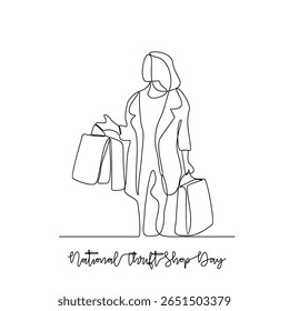 One continuous line drawing of National Thrift Shop Day vector illustration. National Thrift Shop Day themes design concept in simple linear continuous line.  Great for campaign and business purpose.