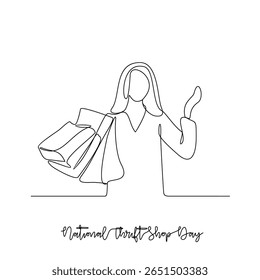 One continuous line drawing of National Thrift Shop Day vector illustration. National Thrift Shop Day themes design concept in simple linear continuous line.  Great for campaign and business purpose.