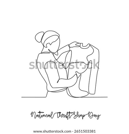 One continuous line drawing of National Thrift Shop Day vector illustration. National Thrift Shop Day themes design concept in simple linear continuous line.  Great for campaign and business purpose.