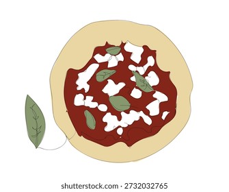 Una línea continua que dibuja la pizza napolitana con la corteza esponjosa grande, Vector, ilustración. Serie de alimentos de una línea. Vector hecho a mano no Al

