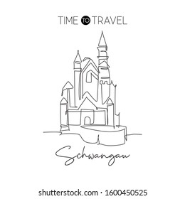 One continuous line drawing Neuschwanstein Castle landmark. Bavarian palace in Hohenschwangau Germany. Home wall decor art poster print concept. Modern single line draw design vector illustration