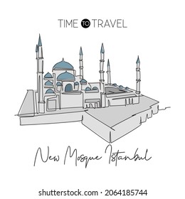 One continuous line drawing New Mosque landmark skyline masjid building landscape at Istanbul Turkey. Religious tour wall decor poster print concept. Trendy single line draw design vector illustration