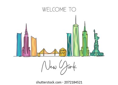 One continuous line drawing of New York city skyline, United States of America. Beautiful city landmark. World landscape vacation. Editable stylish stroke single line draw design vector illustration