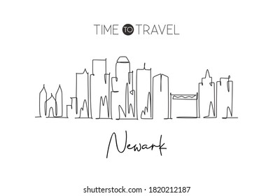 One continuous line drawing of Newark city skyline, New Jersey. Beautiful landmark. World landscape tourism travel home wall decor poster print. Stylish single line draw design vector illustration