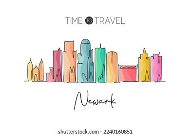 Eine durchgehende Zeichnung der Skyline der Stadt Newark, New Jersey. Schöner Wahrzeichen. Weltlandschaftstourismus reist nach Hause Wand Dekor Poster Druck. Stilvolles Einzeilendesign, Vektorgrafik