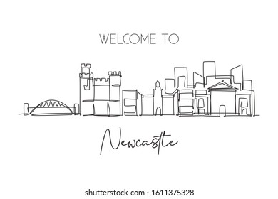 One continuous line drawing of Newcastle city skyline. Beautiful city skyscraper world landscape tourism travel vacation home wall decor poster art concept. Single line draw design vector illustration