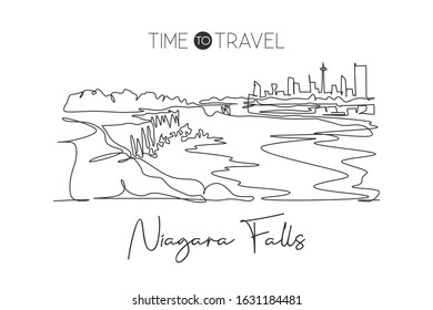 One continuous line drawing Niagara Falls skyline, Canada. Beautiful nature landmark postcard art. World landscape tourism travel vacation. Editable stroke single line draw design vector illustration