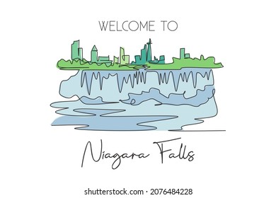 One continuous line drawing Niagara Falls skyline, Canada. Beautiful nature landmark postcard art. World landscape tourism travel vacation. Editable stroke single line draw design vector illustration