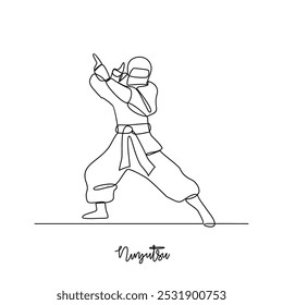 Un dibujo de línea continua de la Ilustración vectorial deportiva de Ninjutsu. Diseño deportivo tradicional en concepto de Vector lineal simple de estilo continuo. Diseño de tema deportivo para su ilustración de diseño de activos.