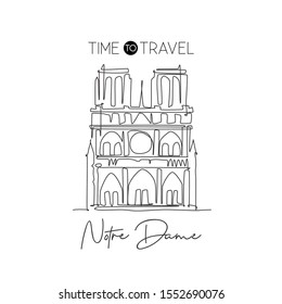 One continuous line drawing Notre Dame landmark. World iconic place in Paris, France. Holiday vacation home wall decor art poster print concept. Modern single line draw design vector illustration