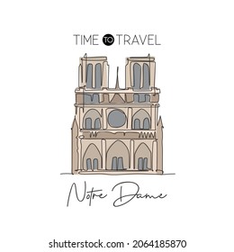One continuous line drawing Notre Dame landmark. World iconic place in Paris, France. Holiday vacation home wall decor art poster print concept. Modern single line draw design vector illustration