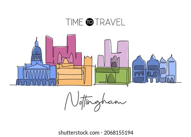 One continuous line drawing of Nottingham city skyline. Beautiful city skyscraper. World landscape tourism travel vacation home wall decor poster concept. Single line draw design vector illustration