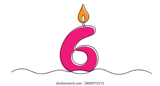 One continuous line drawing of number six birthday candle. Celebration decoration concept for birthday party and festive occasions.