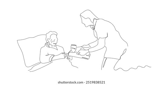 One continuous line drawing of nurse feeding breakfast to senior woman patient on bed in hospital ward, elderly care concept. Hand made vector not AI.