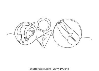 One continuous line drawing of Nutrition Food. Food and health concept. Doodle vector illustration in simple linear style.