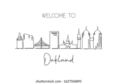 One continuous line drawing of Oakland city skyline, California. Beautiful landmark. World landscape tourism travel vacation poster. Editable stylish stroke single line draw design vector illustration