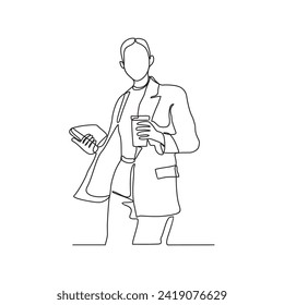 Un dibujo de línea continua de trabajadores de oficina que comen y beben durante la oficina rompe la ilustración del vector. Ilustración de actividad de trabajo de oficina en concepto de vector de estilo lineal simple.