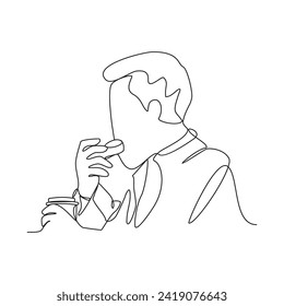 Un dibujo de línea continua de trabajadores de oficina que comen y beben durante la oficina rompe la ilustración del vector. Ilustración de actividad de trabajo de oficina en concepto de vector de estilo lineal simple.