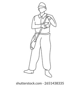 Um desenho de linha contínua de funcionários de escritório com uma bolsa, ilustração Vetor de um homem com uma bolsa, gerente jovem de capataz controlando a construção do edifício, ícone de linha de pós-homem. 