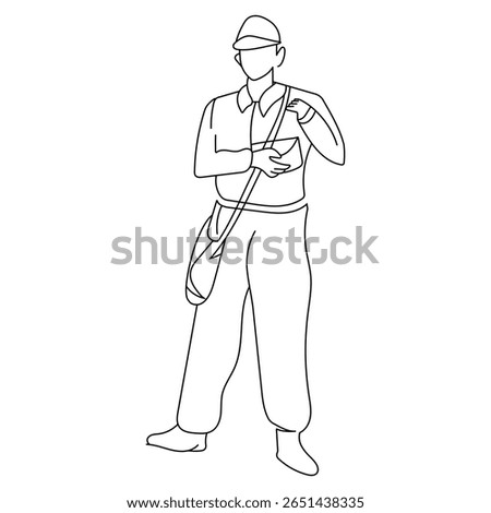 One continuous line drawing of office staff with a bag, Vector illustration of a man with a bag, young foreman manager controlling the construction of building, post man line icon. 