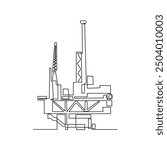 One continuous line drawing of Offshore platform vector illustration. Offshore platforms are large structures used in the oil and gas industry to extract petroleum resources from beneath the ocean .