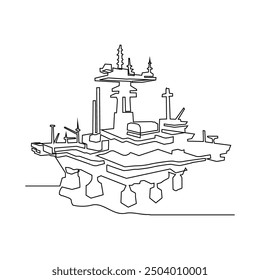 One continuous line drawing of Offshore platform vector illustration. Offshore platforms are large structures used in the oil and gas industry to extract petroleum resources from beneath the ocean .