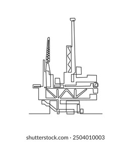 One continuous line drawing of Offshore platform vector illustration. Offshore platforms are large structures used in the oil and gas industry to extract petroleum resources from beneath the ocean .