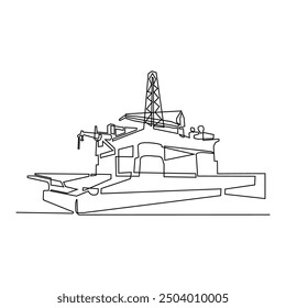 One continuous line drawing of Offshore platform vector illustration. Offshore platforms are large structures used in the oil and gas industry to extract petroleum resources from beneath the ocean .