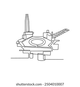 One continuous line drawing of Offshore platform vector illustration. Offshore platforms are large structures used in the oil and gas industry to extract petroleum resources from beneath the ocean .