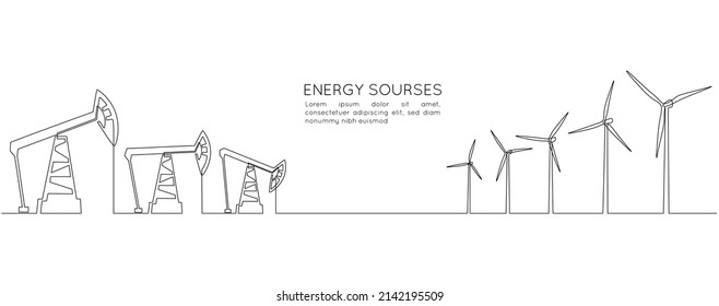 One continuous line drawing of Oil pumps jacks and wind turbines. Concept of Renewable and Non renewable sources in simple linear style. Editable stroke. Doodle vector illustration